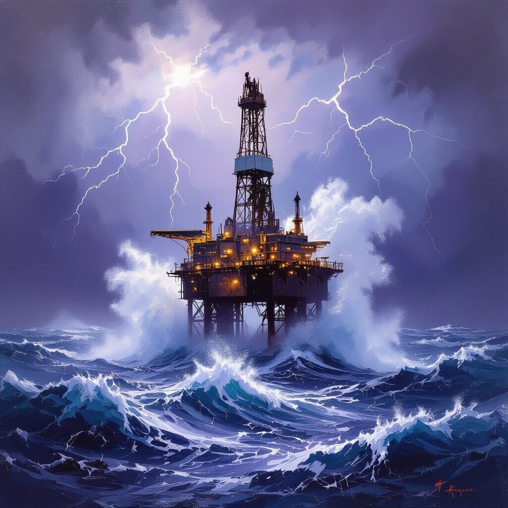Stormy Offshore Rig in Dramatic Expressionist Style