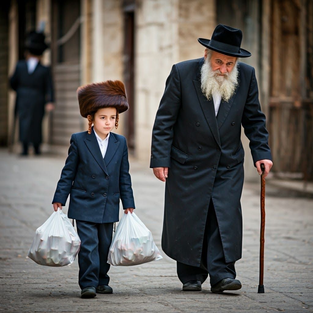 Orthodox Jewish Boy Assists Elderly Man with Heavy Bags