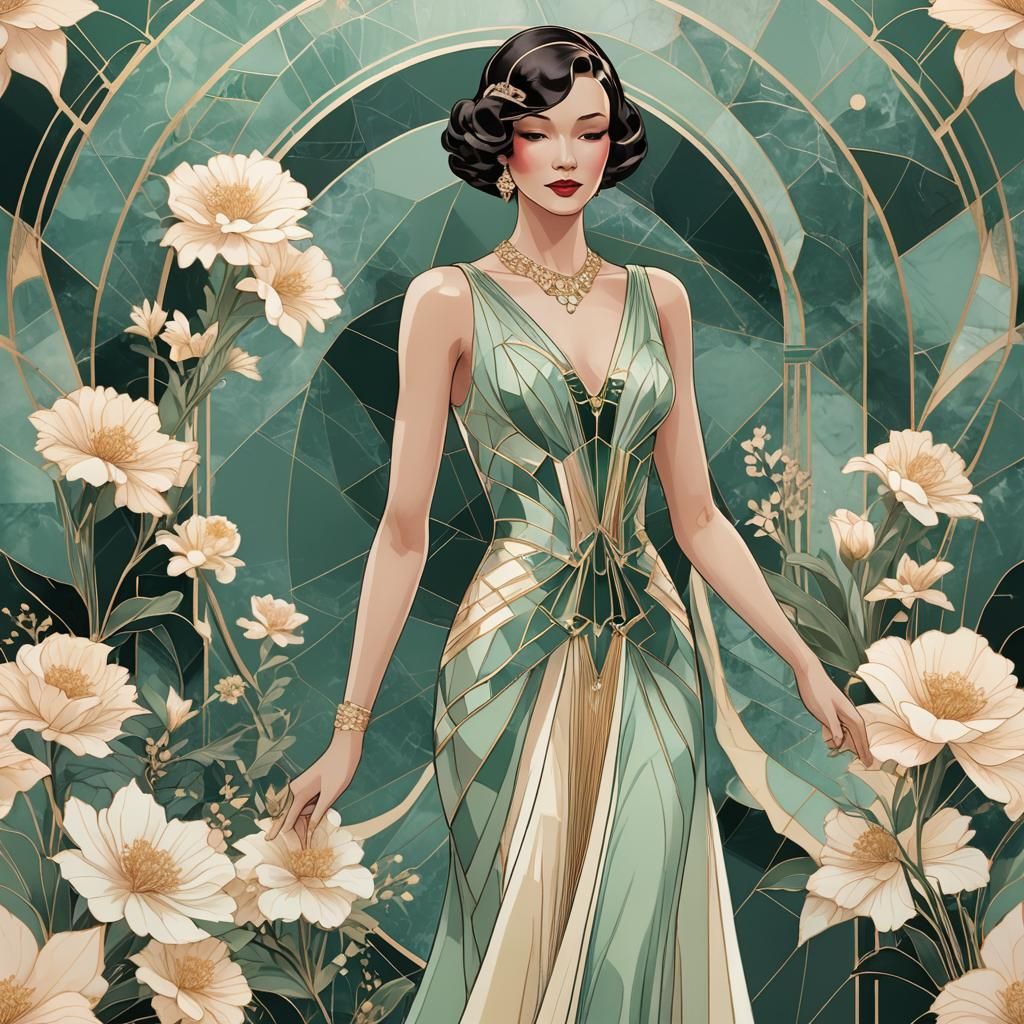 Dreamy Art Deco Woman with Flowers and Gold Accents