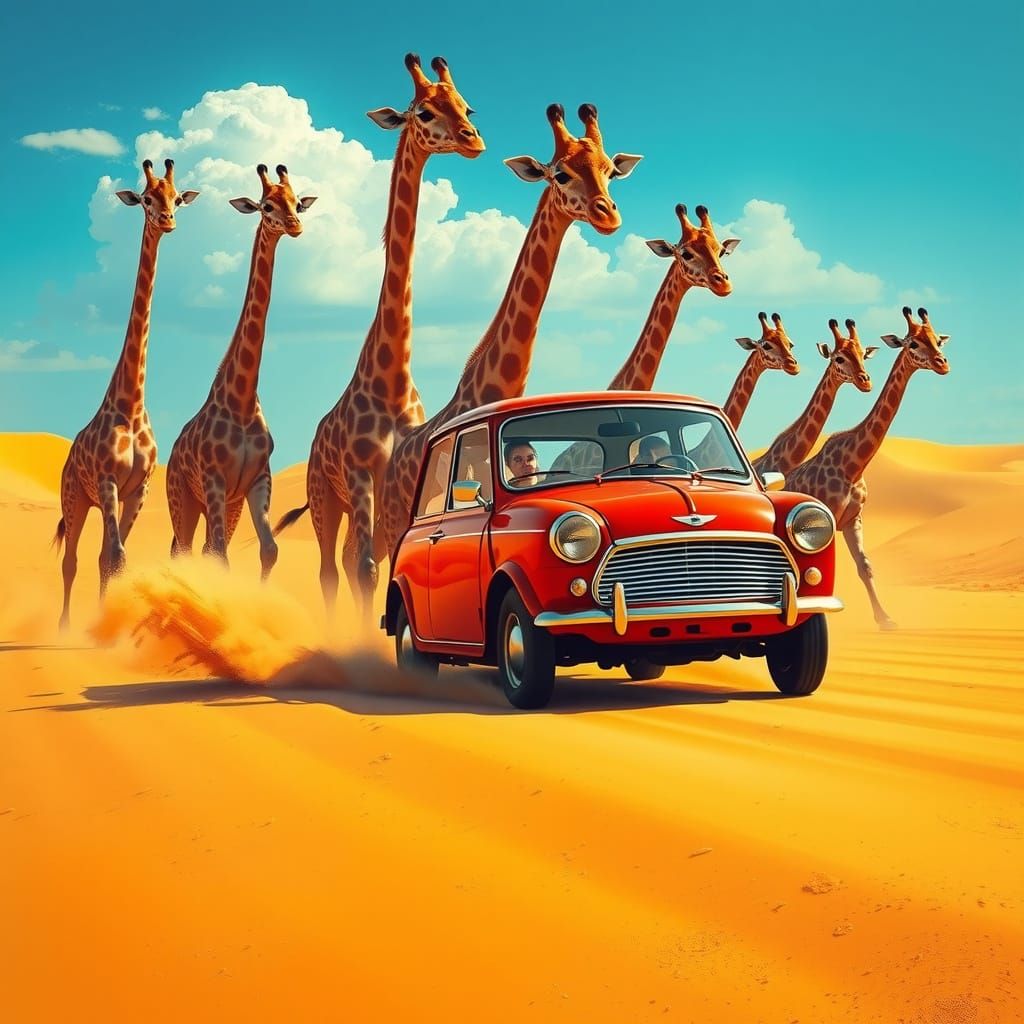 Mini Cooper Speeds Through Sahara Desert with Curious Giraff...