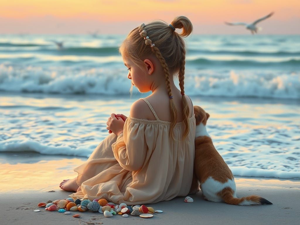 Girl with Seashells and Puppy on a Whimsical Beach Sunset
