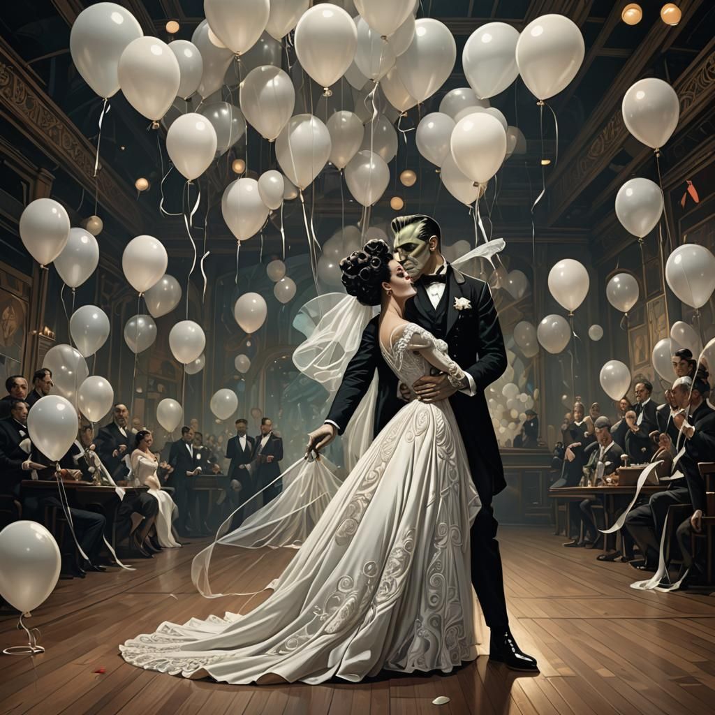 Frankenstein and Bride Reunion in Art Nouveau Style