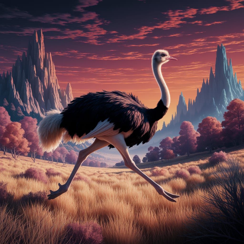 Majestic Iridescent Ostrich in Sunset Fantasy Landscape