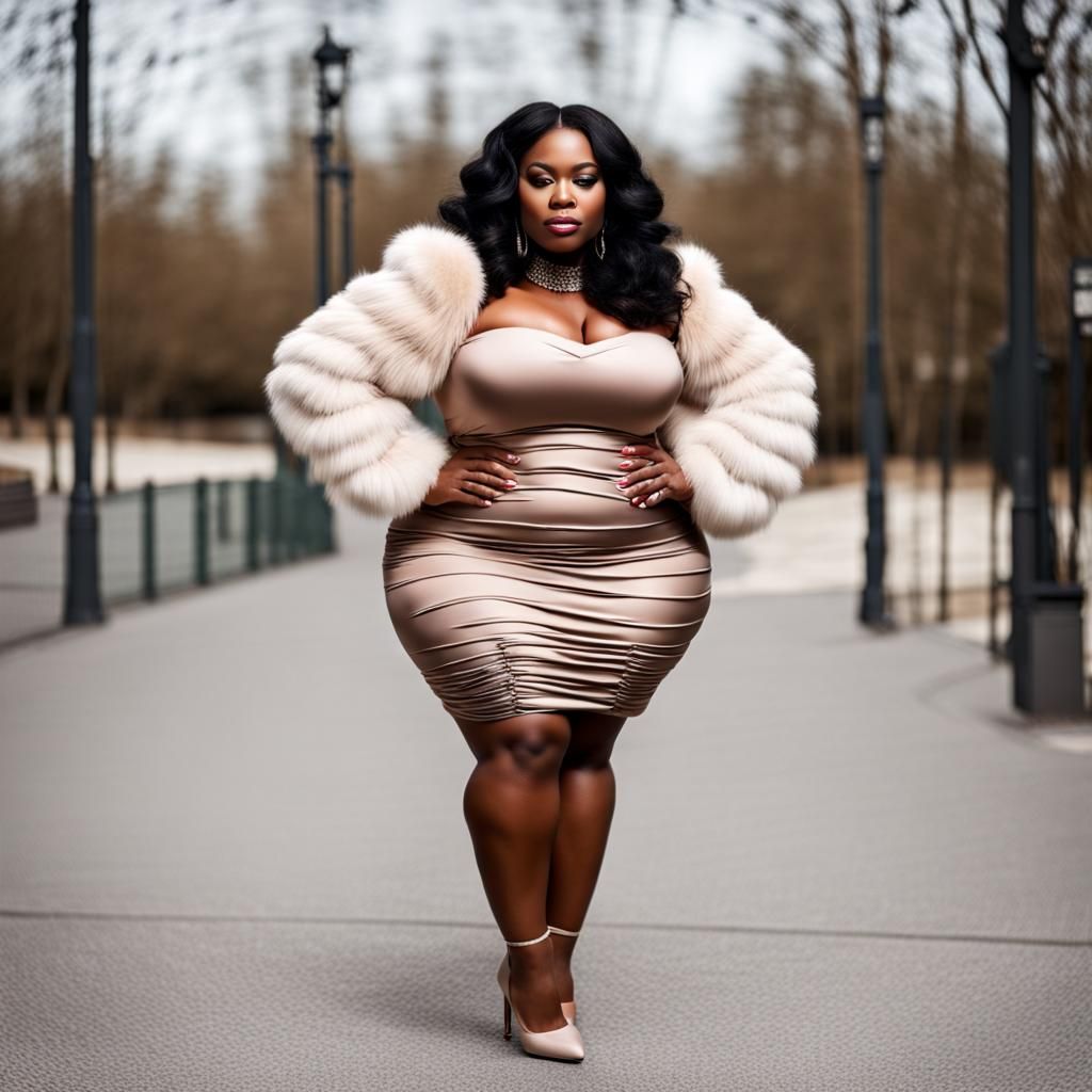 Curvy Woman in Ruched Dress and Fur Sleeves