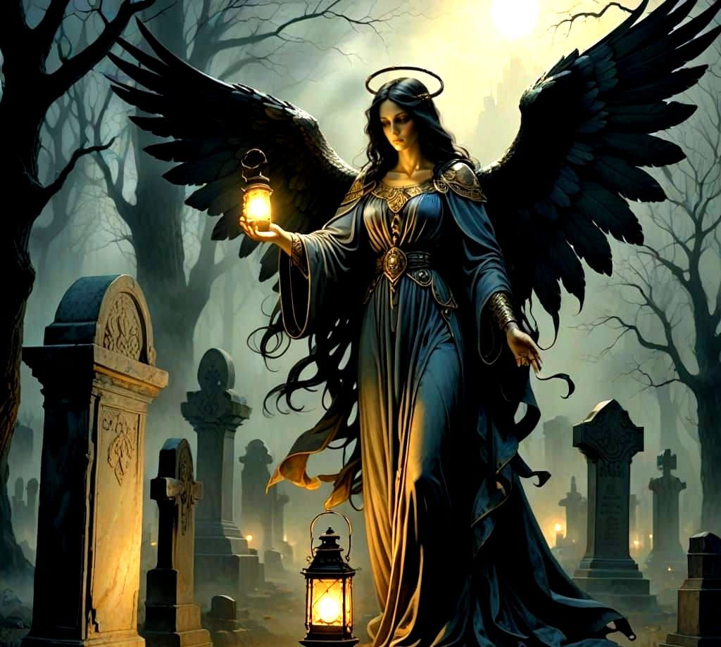 Spectral Angel Illuminates Misty Graveyard in Dark Fantasy S...