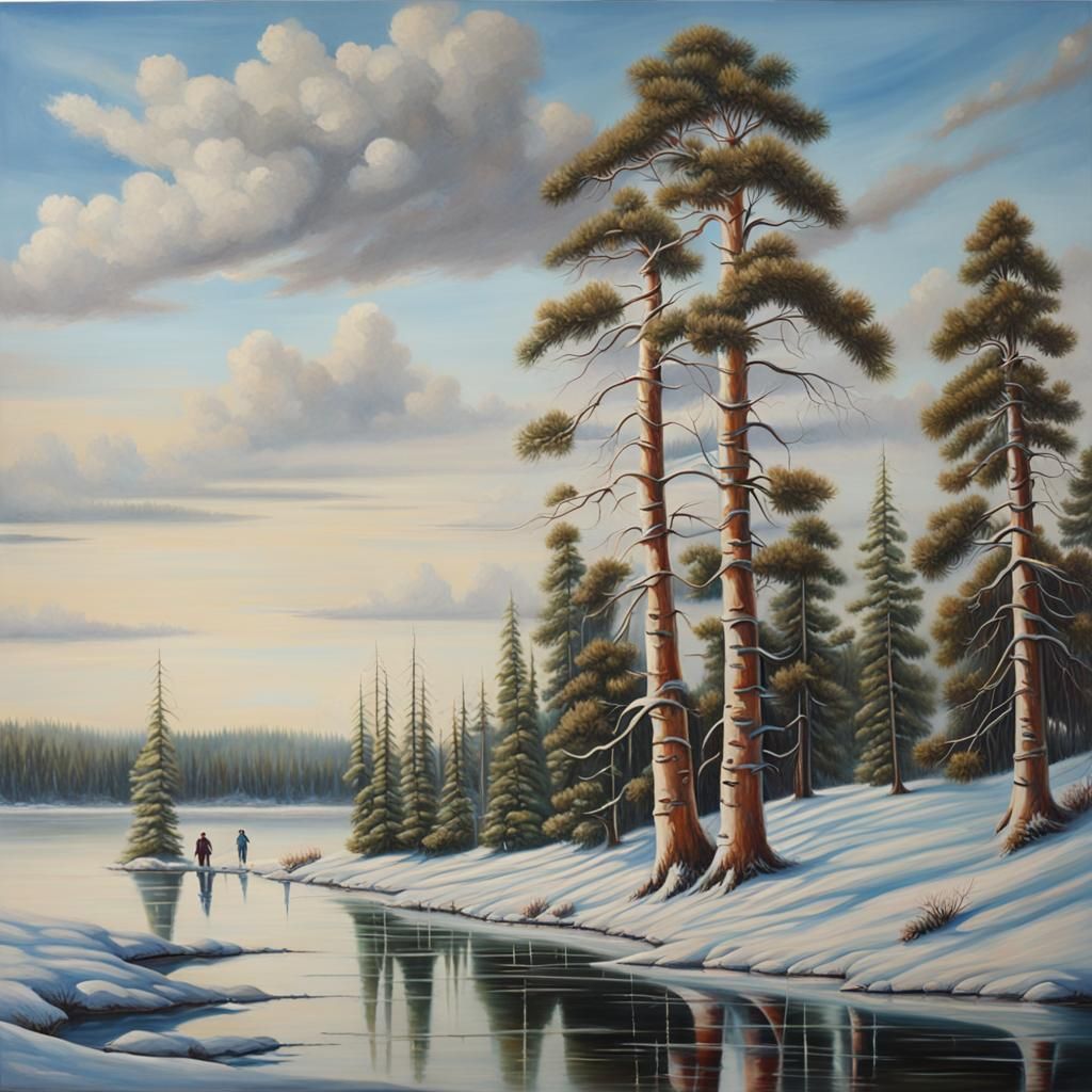 Frozen Lake Anglers: A Hyperrealistic Winter Scene