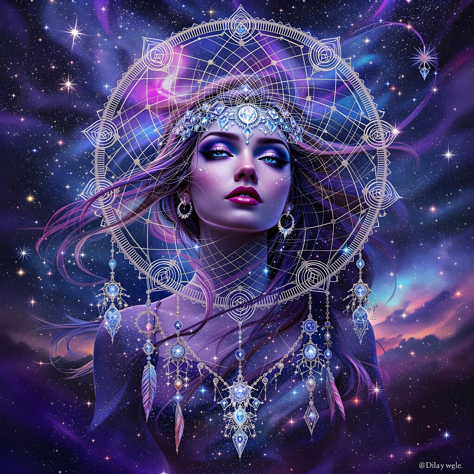 Cosmic Woman Portrait with Dreamcatcher in Digital Art