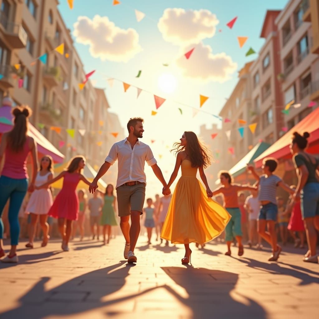 Joyful Parade Square Scene in Impressionistic Style