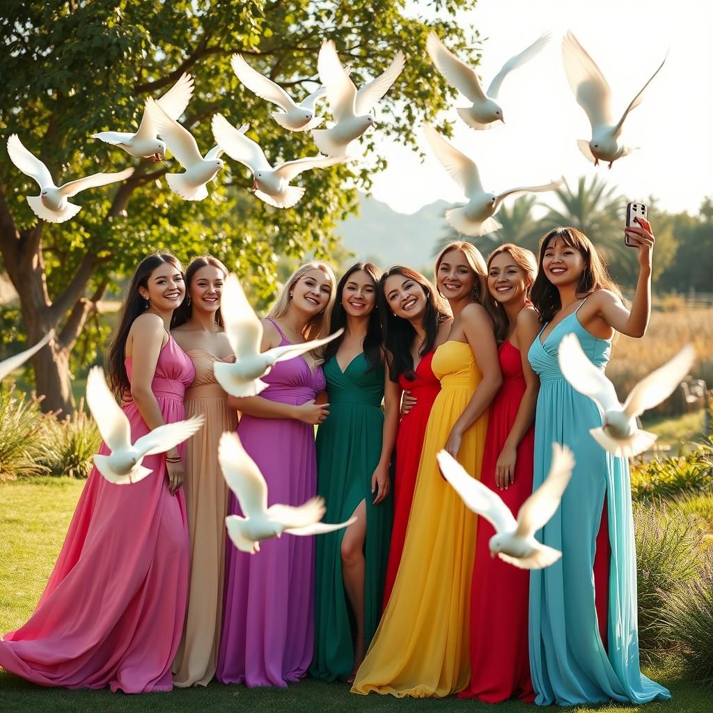 Elegant Women Photobombed in Layered Digital Art Style
