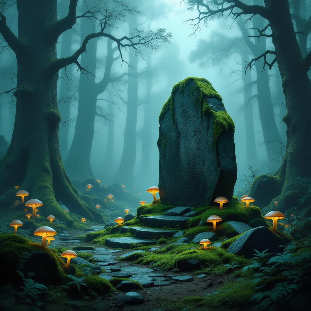 Ancient Stone Circle in Foggy Forest with Bioluminescent Fun...