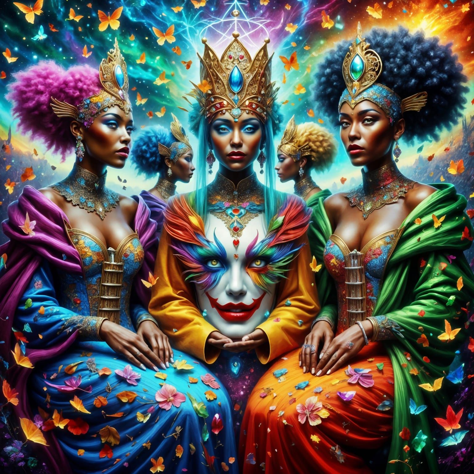 Vibrant Queens and Joker in Abstract Impasto Style