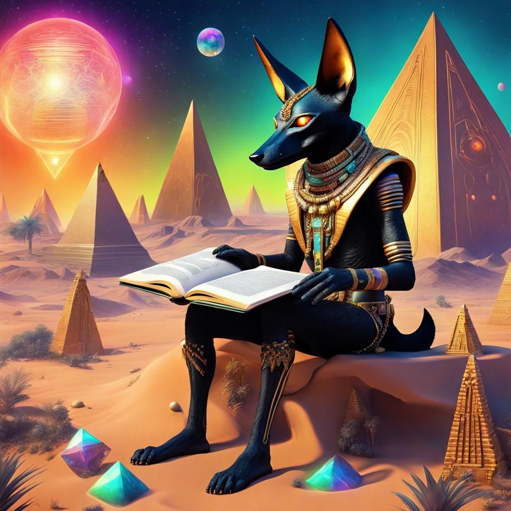Anubis Reading on Alien Planet in Sci-Fi Style