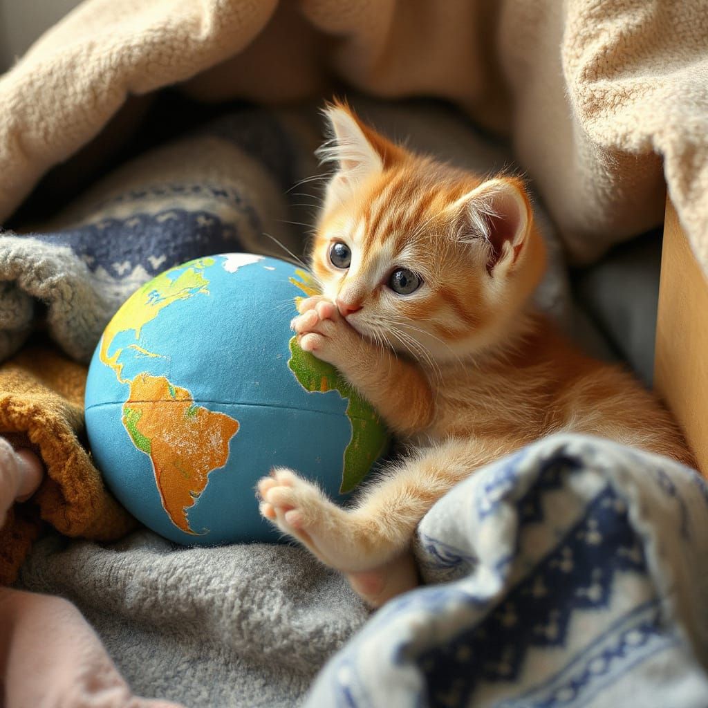 Kitten Plays With Earth Toy, Whimsical Illustration