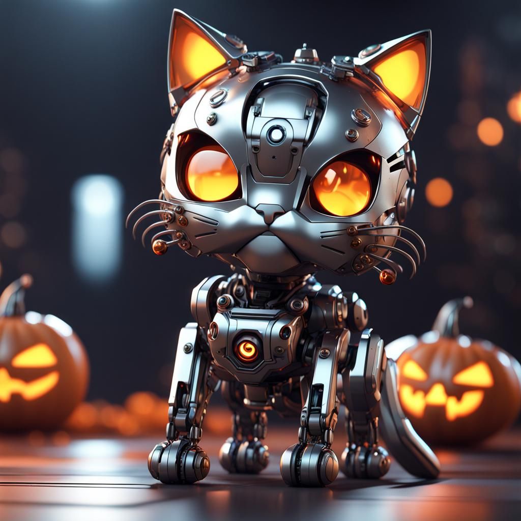 Futuristic Halloween Cat with Intricate Mech Details
