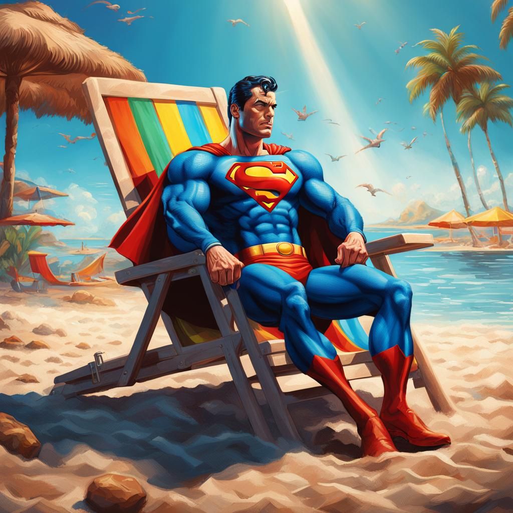 Hyperrealistic Superman on Beach Vacation