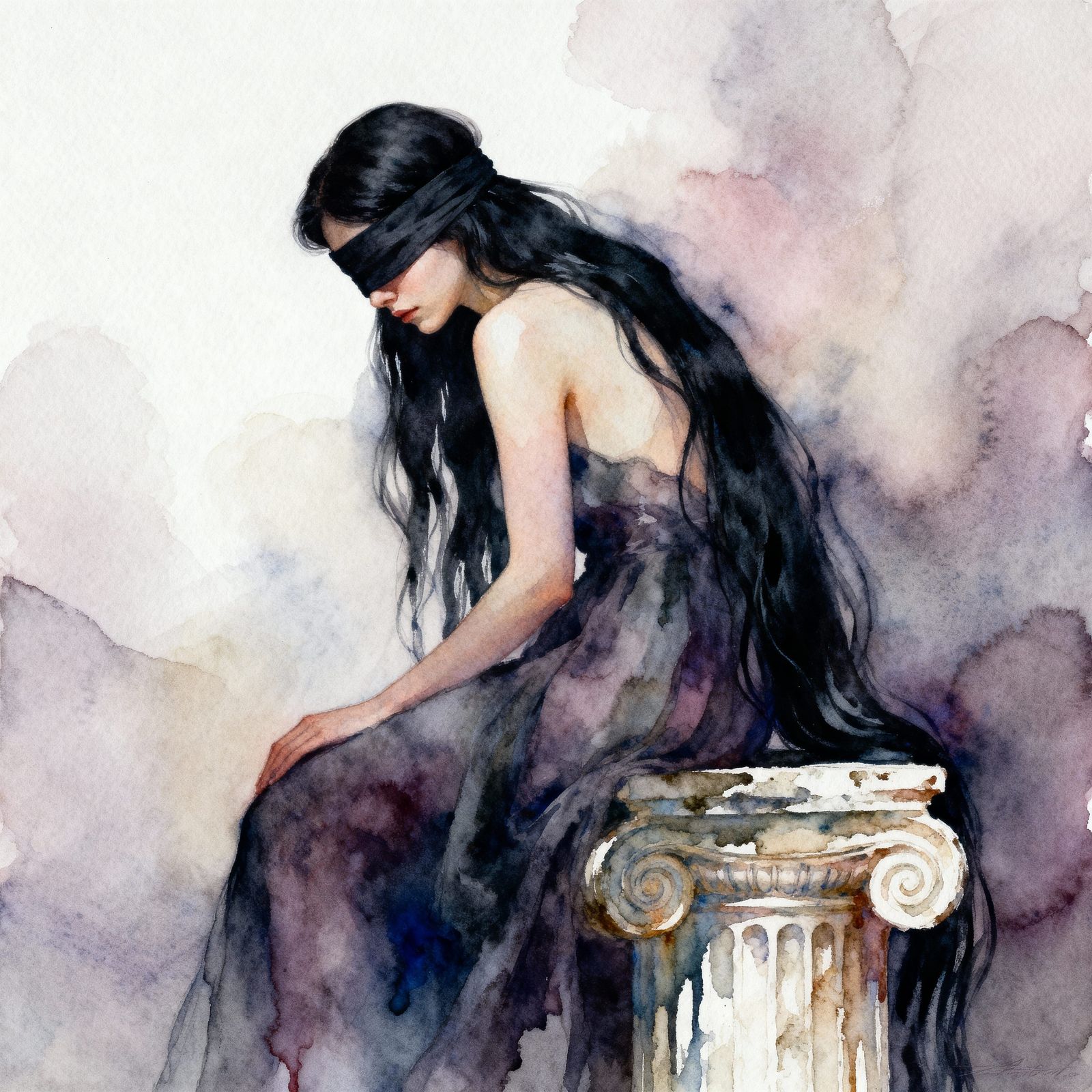 Surreal Watercolor Portrait of a Sorrowful Maiden
