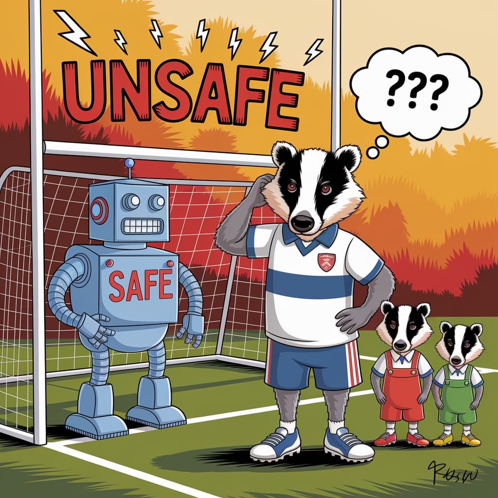 Robot Guards Unsafe Goal in Caricature Autumn Scene