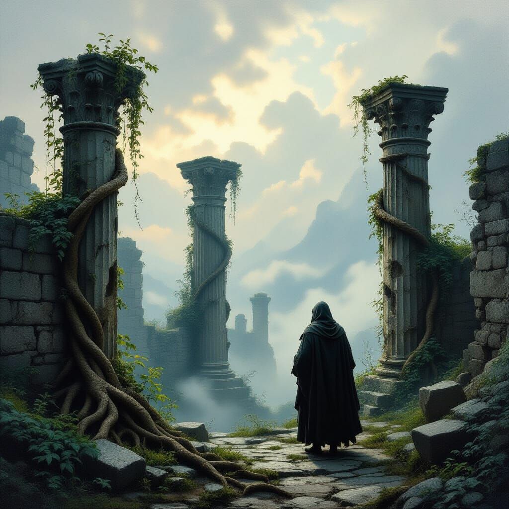 Traveler at Ancient Ruin, Nature's Reclamation