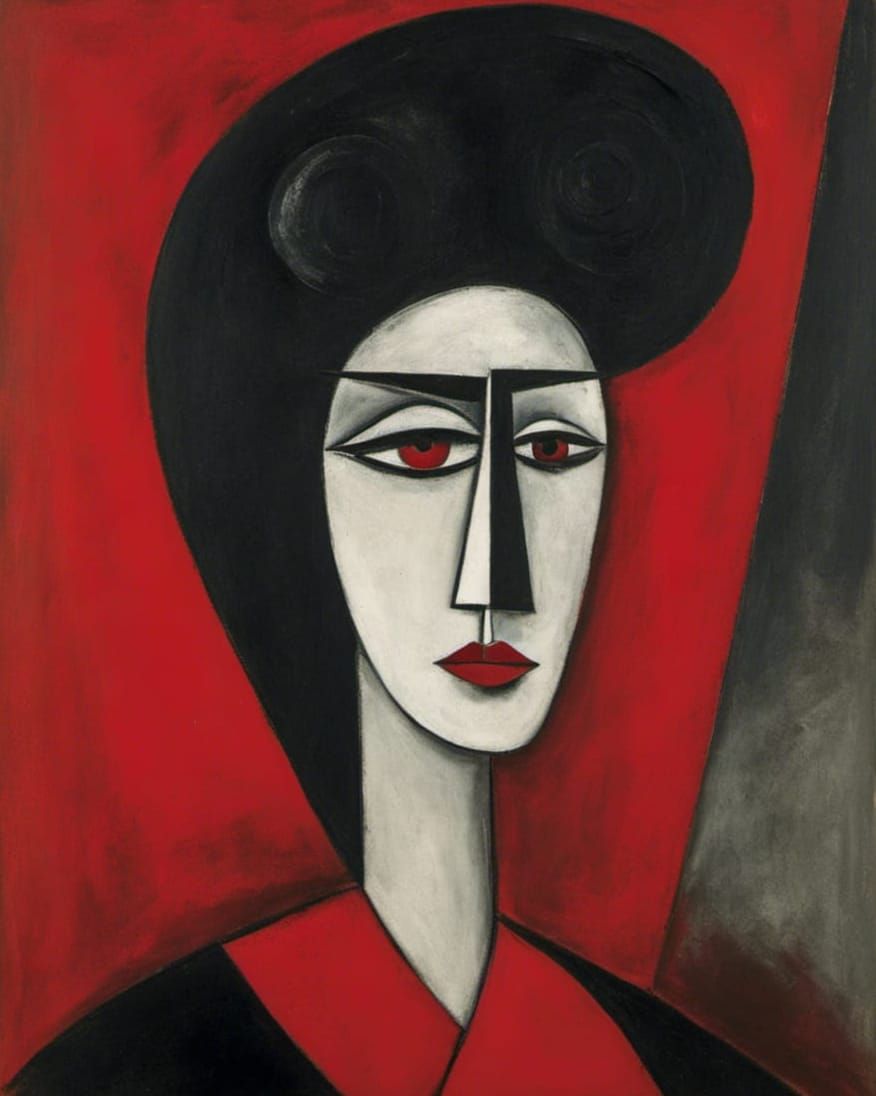 Cubist Woman in Red Dress, Picasso Style