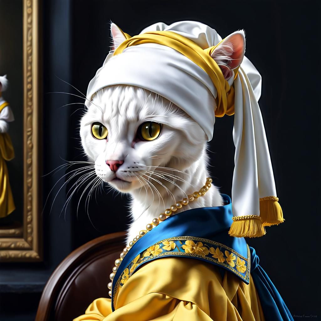 Cat Portrait in Vermeer Style: Digital Art