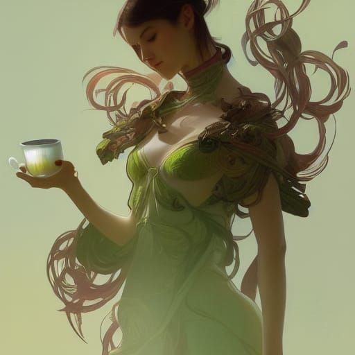 Steaming Matcha Tea Cup, Digital Art