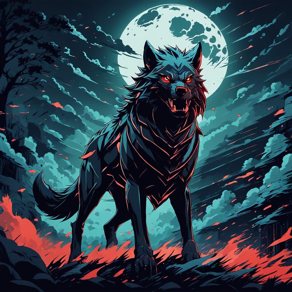 Enraged Wolf Emerges from Shadows in Cel-Shaded Anime Style