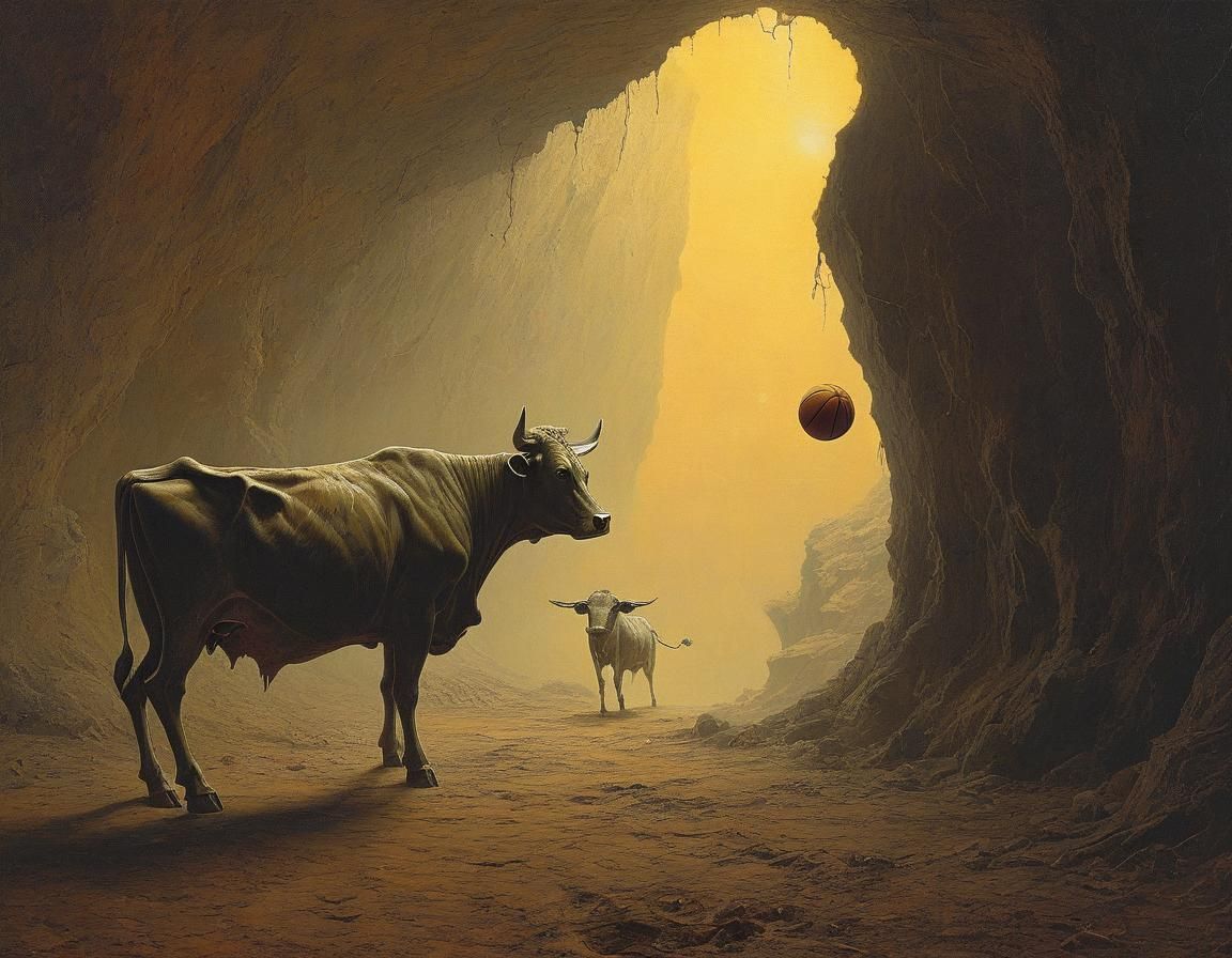 Robot Versus Cow Basketball in Dark Cave