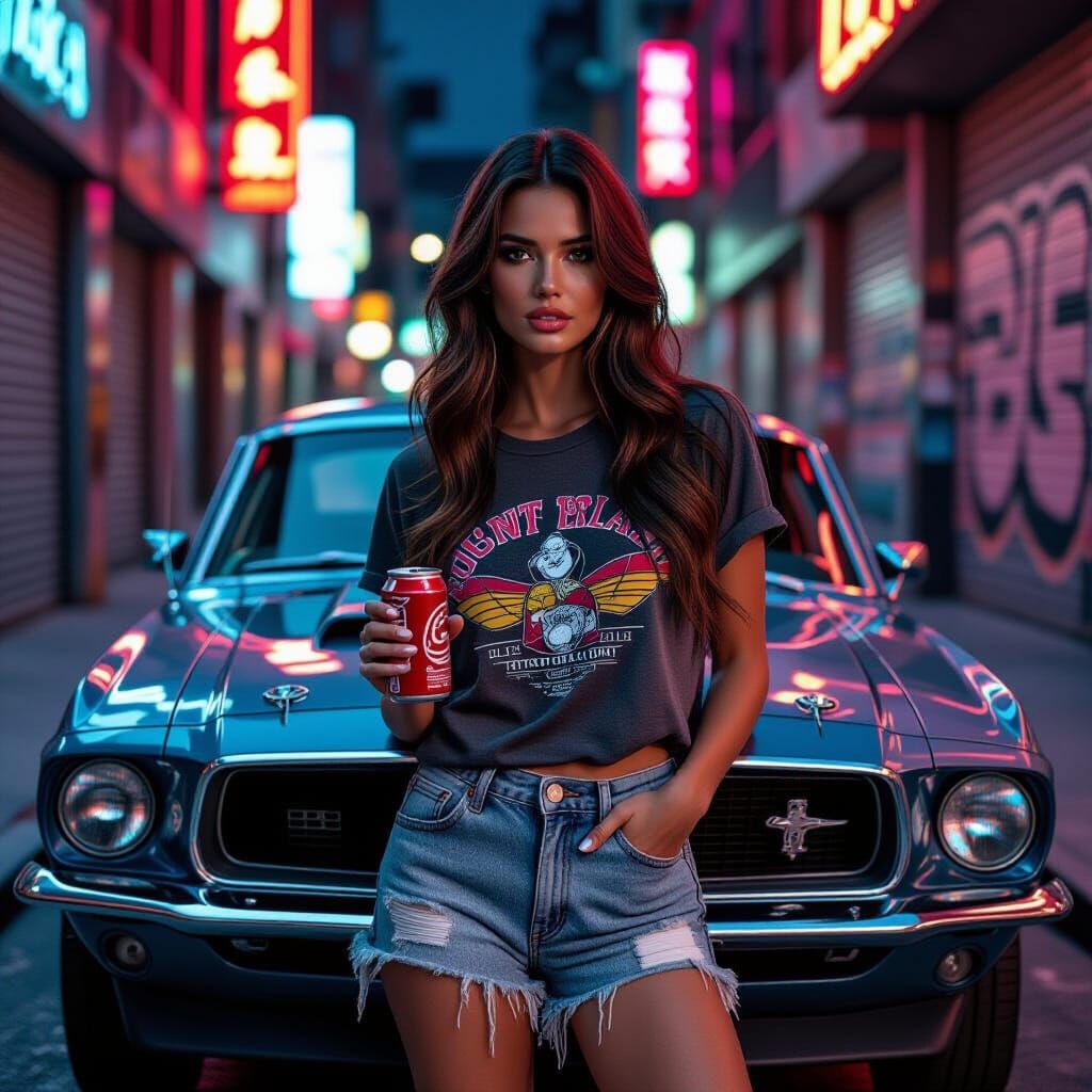 Woman in Urban Alleyway with Muscle Car