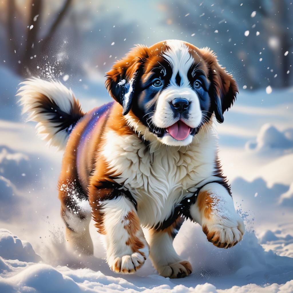 St. Bernard Puppy Plays in Snow: Hyperrealistic Splash Art