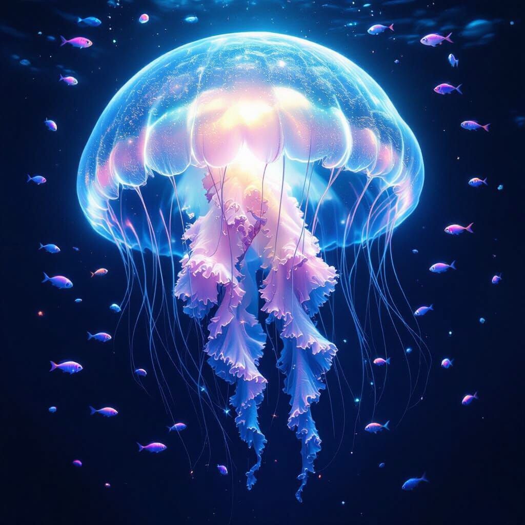 Bioluminescent Jellyfish in Alien Ocean, Cosmic Surrealism