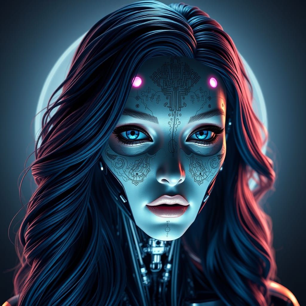 Cyberpunk Android Woman with Robotic Face and Porcelain Skin