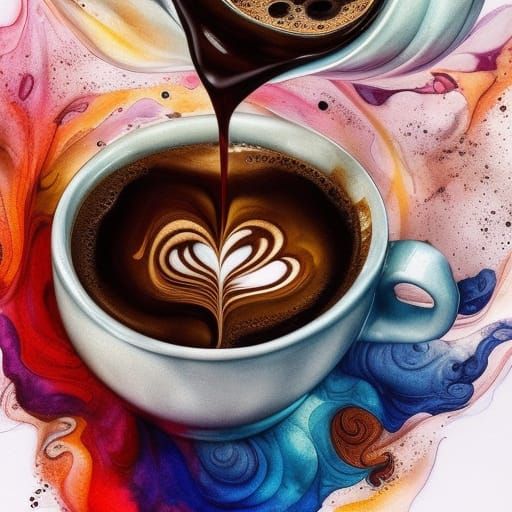 Intricate Coffee Cup with Ink Volutes in Gouache