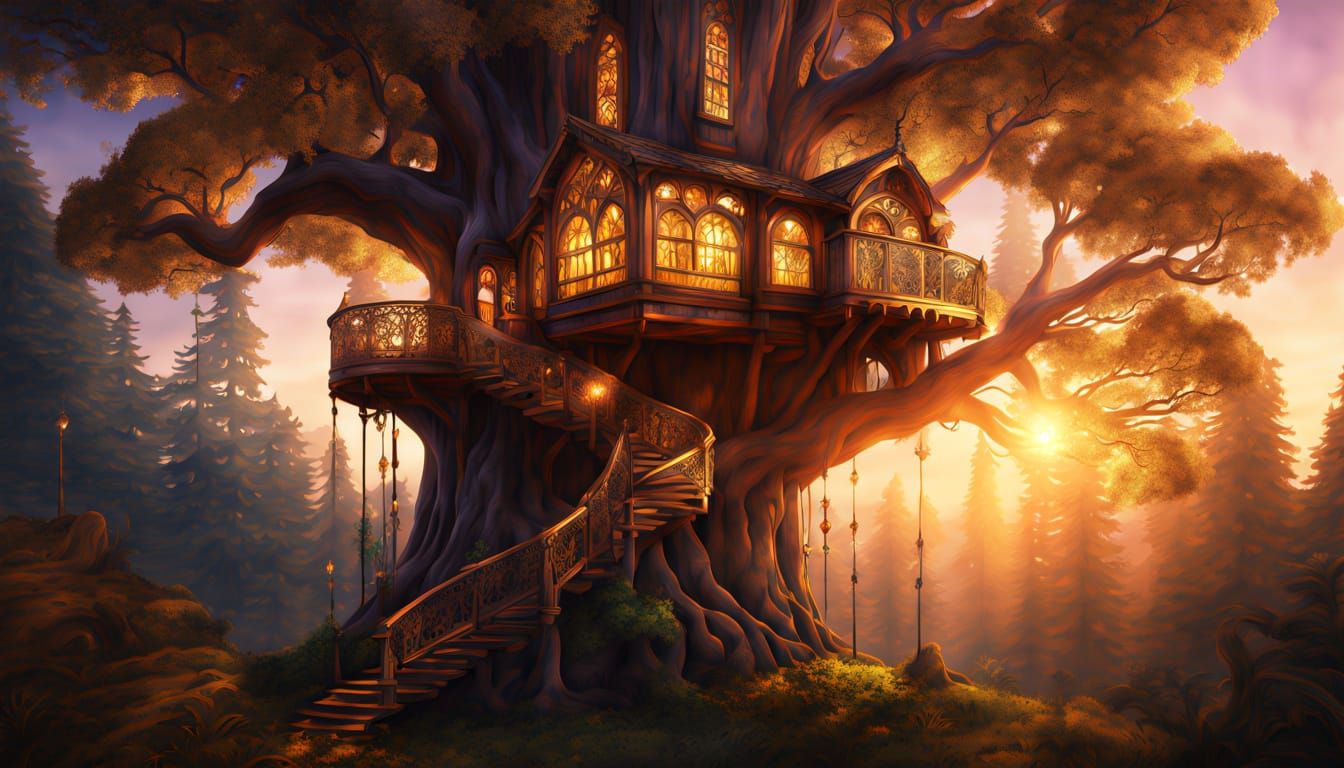 Giant Redwood Treehouse in Vibrant Oil Painting Style