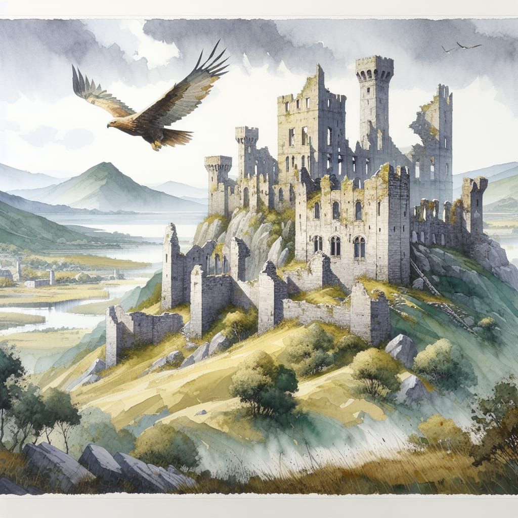 Ruined Castle Landscape in Watercolour with Golden Eagle