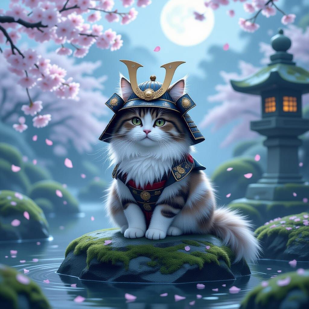 Cat Samurai in Moonlit Japanese Garden