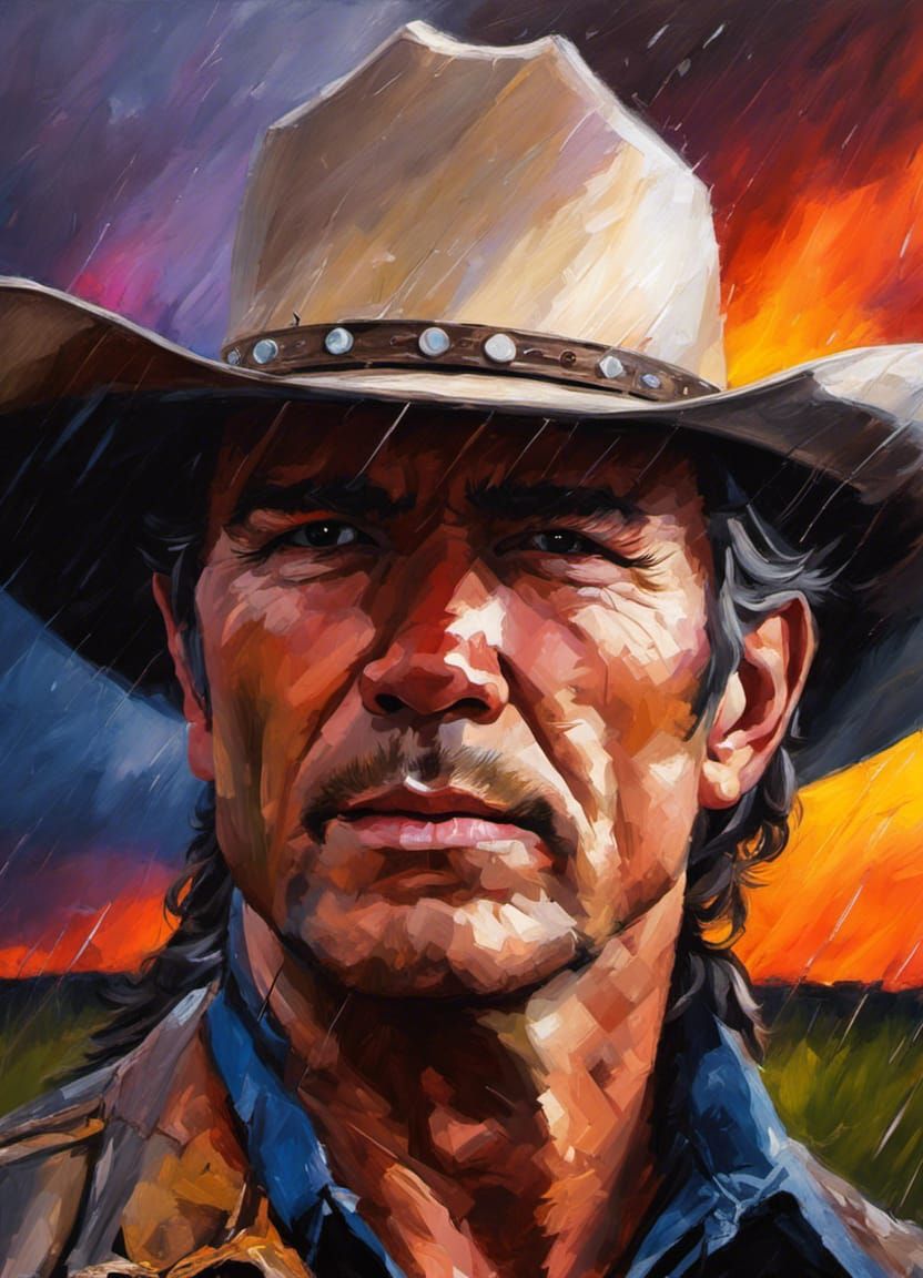 Cowboy Portrait in Impressionist Sunset Rainstorm