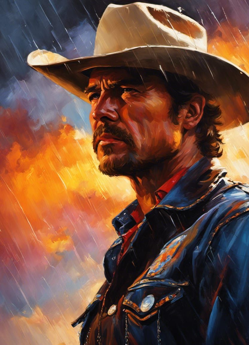 Cowboy Portrait in Sunset Thunderstorm, Impressionist Style