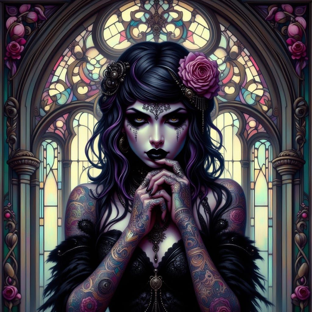 Gothic Woman with Intricate Tattoos in Stained-Glass Chapel