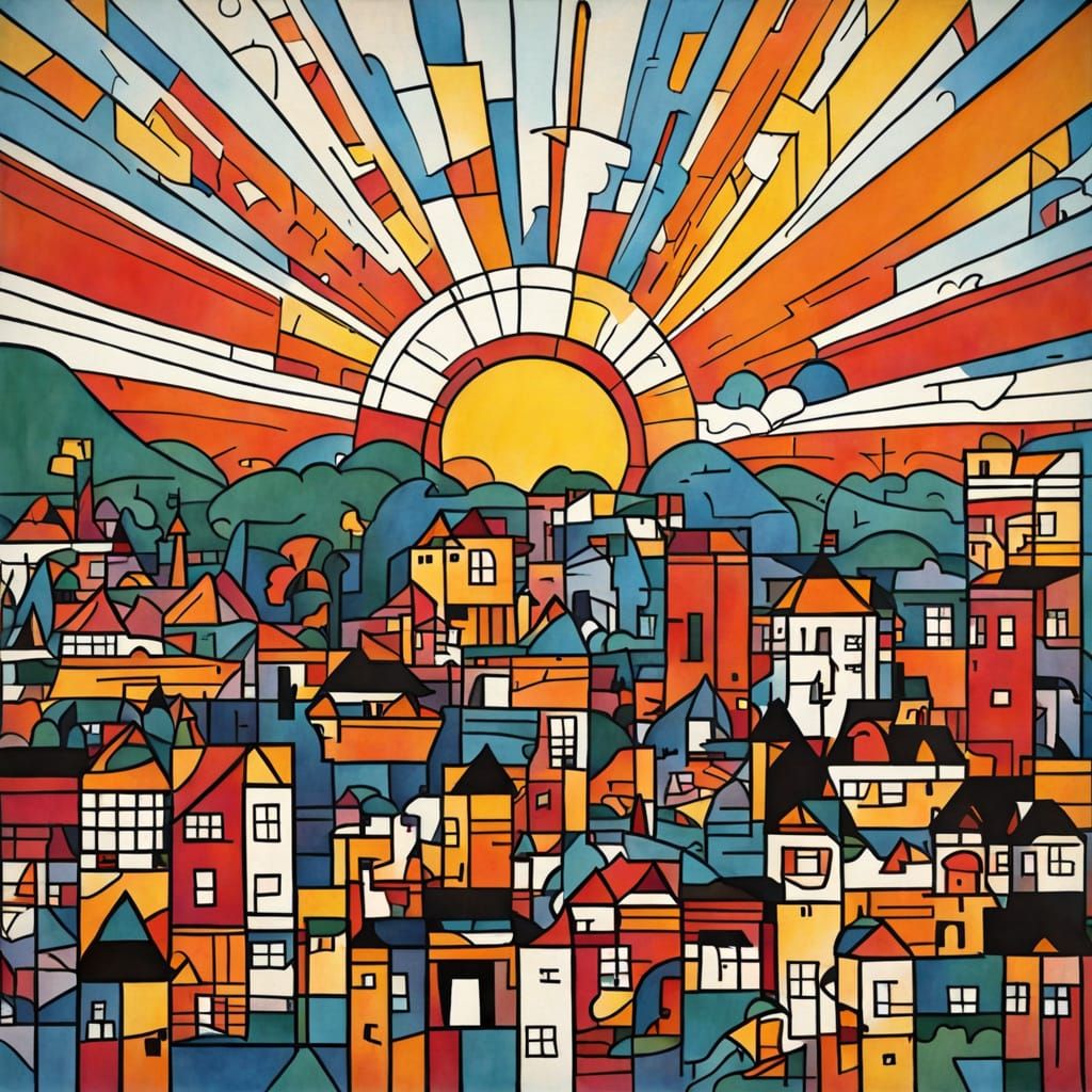 Vibrant Sunset Inspired by Stuart Davis Style