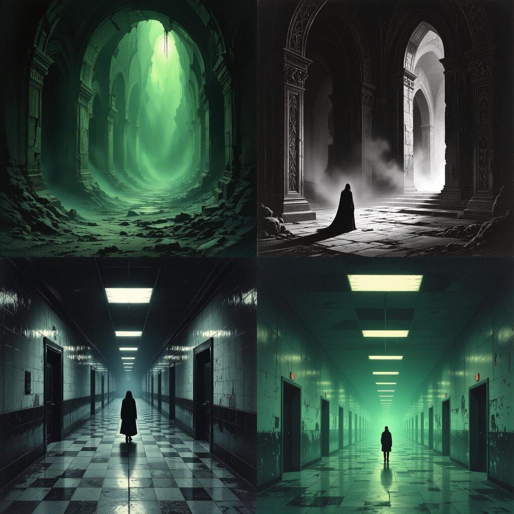 Eerie Liminal Spaces in a Dark, Engraved Style