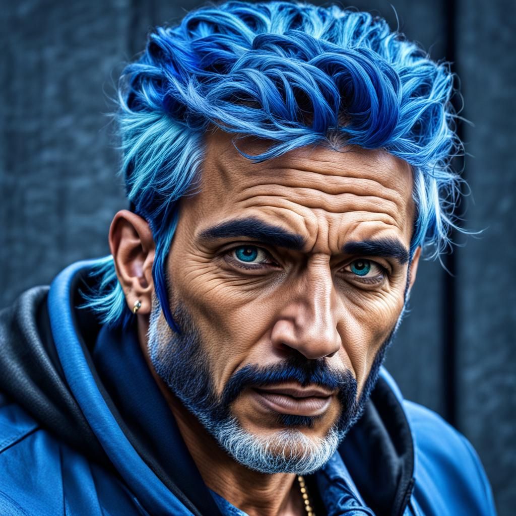 Hyperrealistic Blue-Themed Portrait of a Handsome Man