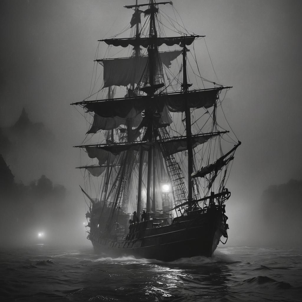 Japanese Pirate Ship in Fog: Cinematic Monochromatic Scene