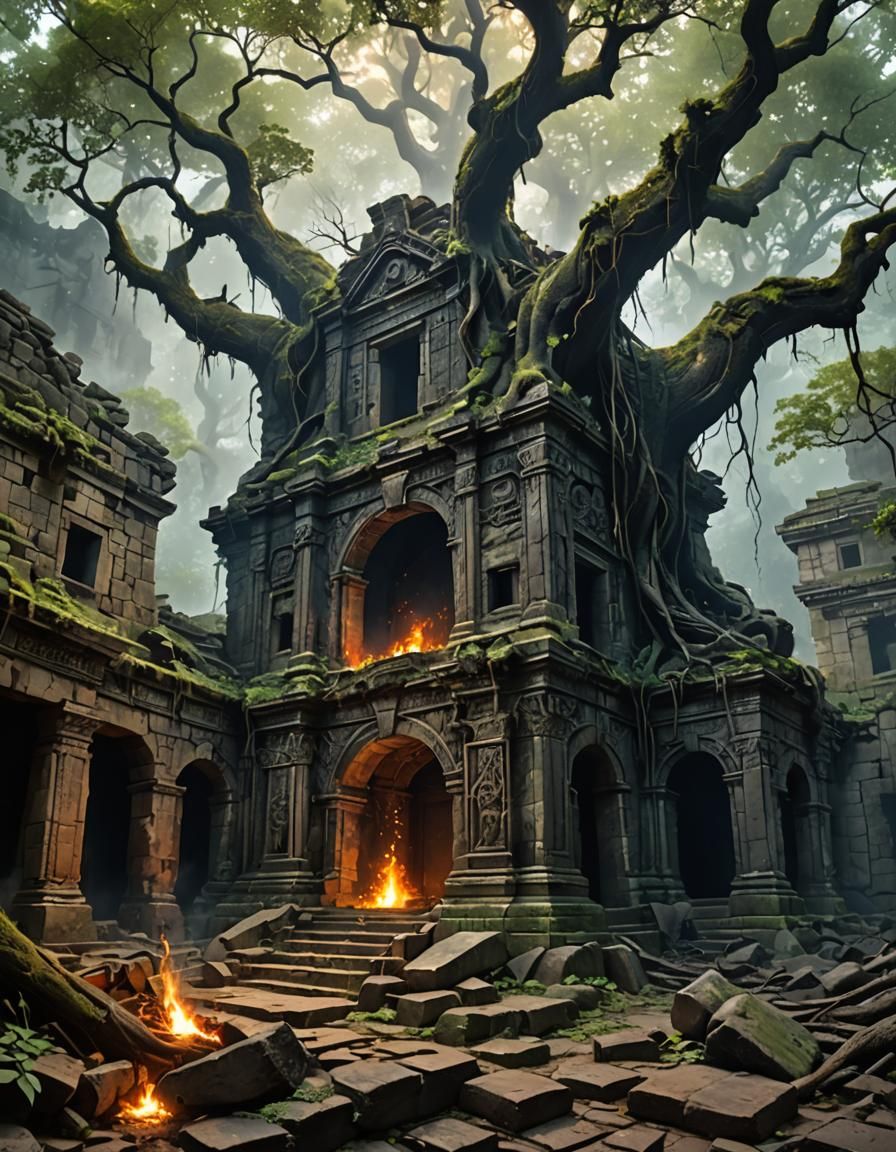 Mystical Temple Ruins with Shattered Lovers' Treasures