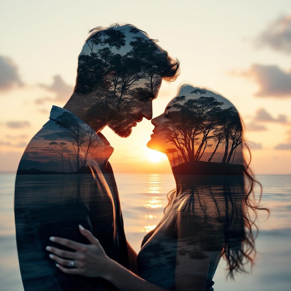 Romantic Silhouettes of Couple Embracing on Island at Sunset
