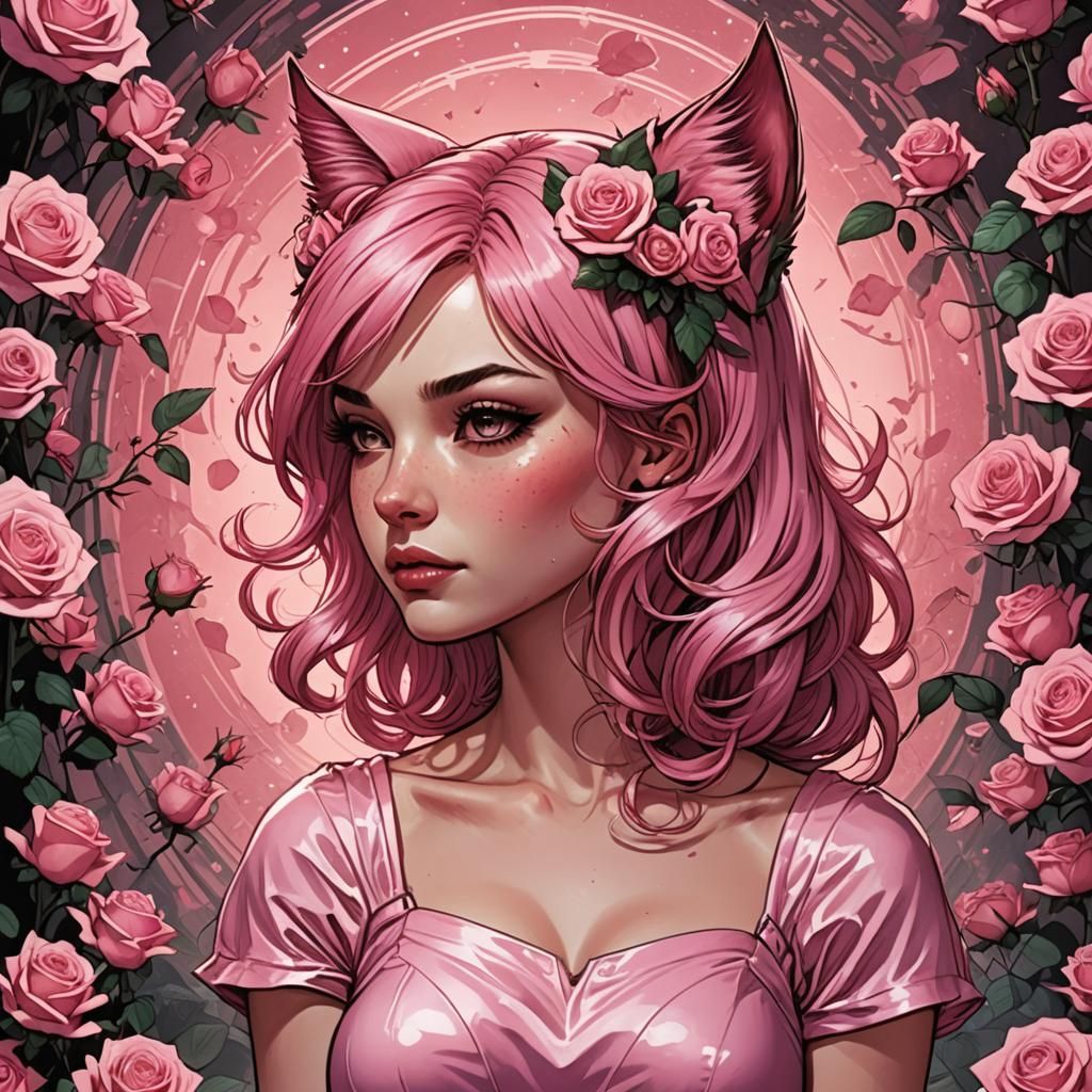 Pink-Haired Girl with Cat Ears in Comic Art Style