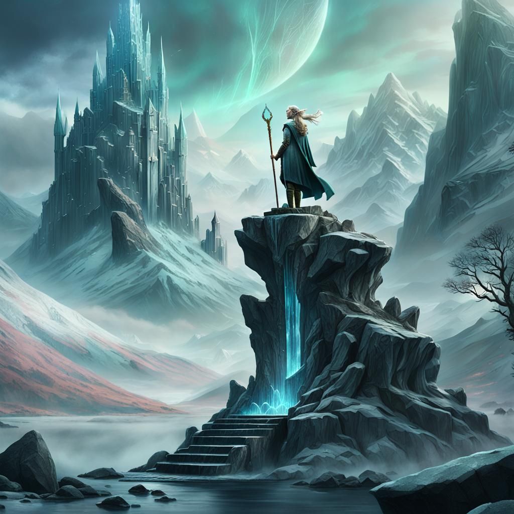 Fantasy Elf Queen in Misty Mountains: Digital Matte Painting