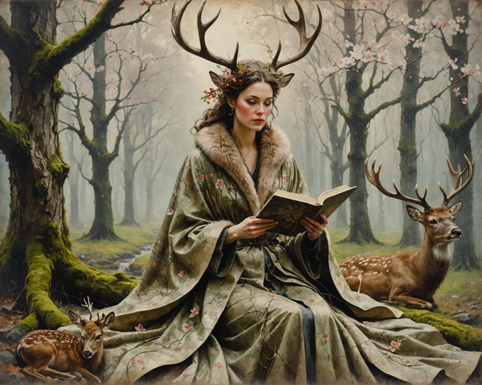 Woman with Antlers in Autumn Forest Painting