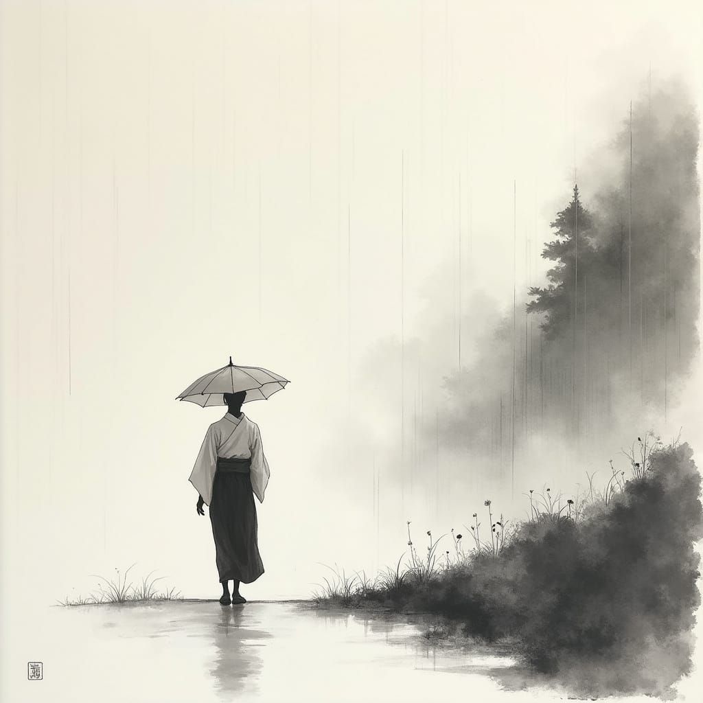 Serenely Walking Figure in Light Rain, Sumi-e Ink Painting