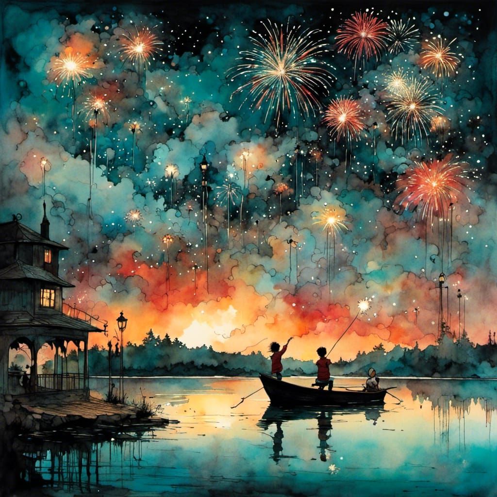 Fireworks Over Lake: Watercolor and Ink Poster Art