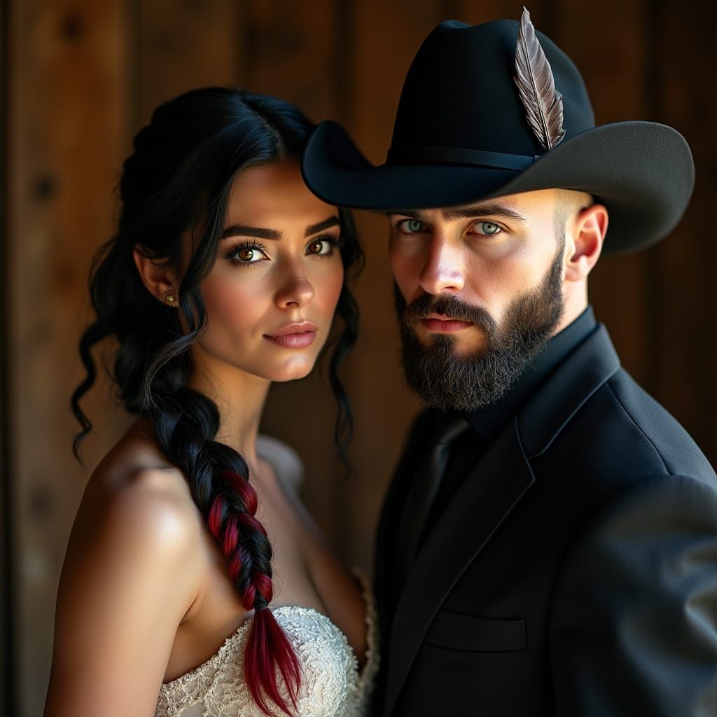 Mysterious Woman and Bald Husband in Rustic Wedding